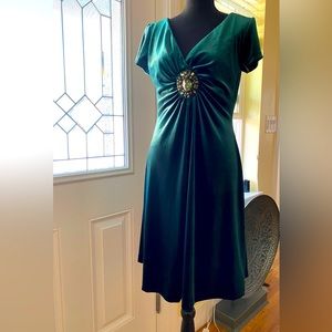 Ronnie Nicole size 8 - deep green suede dress with stitched in brooch